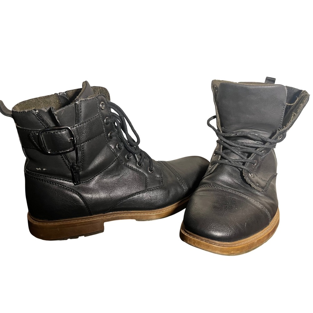 Mens Black Faux Leather Combat Boots Side Zip Buckle Strap Cap Toe BootsSZ 9 1/2